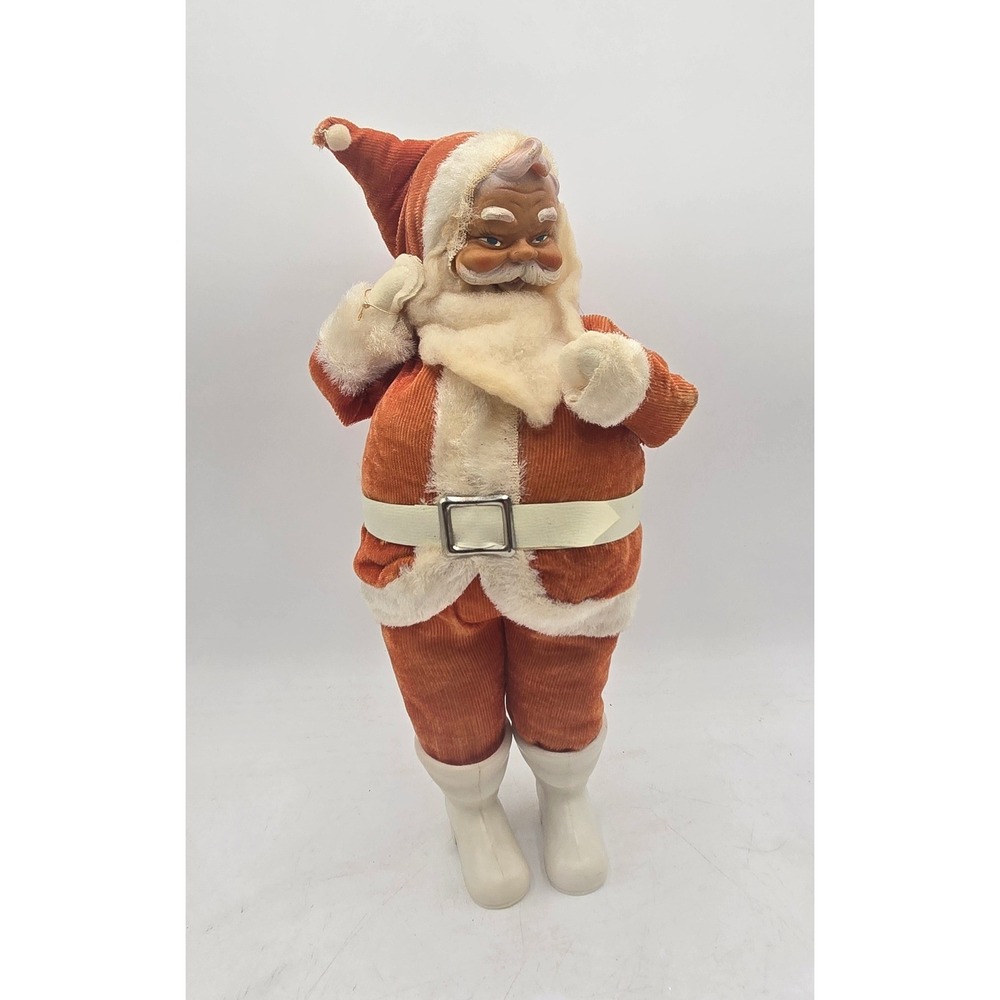 Vintage Santa Claus Rubber Face Plush Figure Orange Corduroy Christmas
